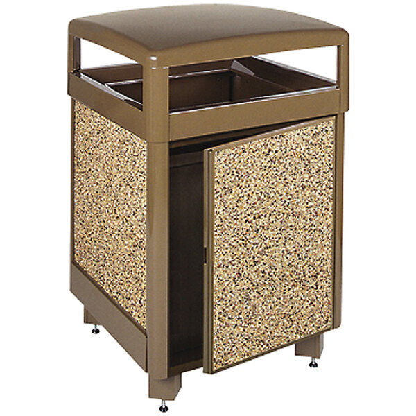 A Rubbermaid brown square steel trash can with stone panels and a door open.