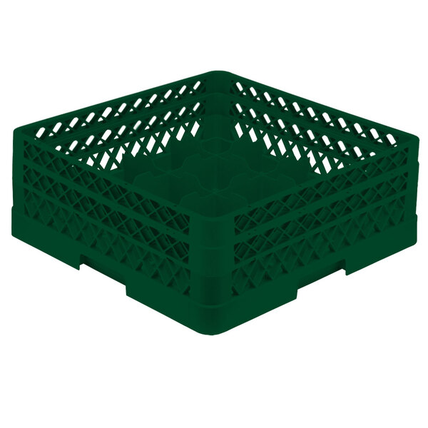 A green plastic Vollrath Traex glass rack with holes.