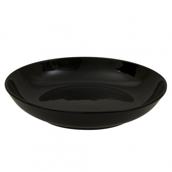 A black bowl with a black circle on a white background.