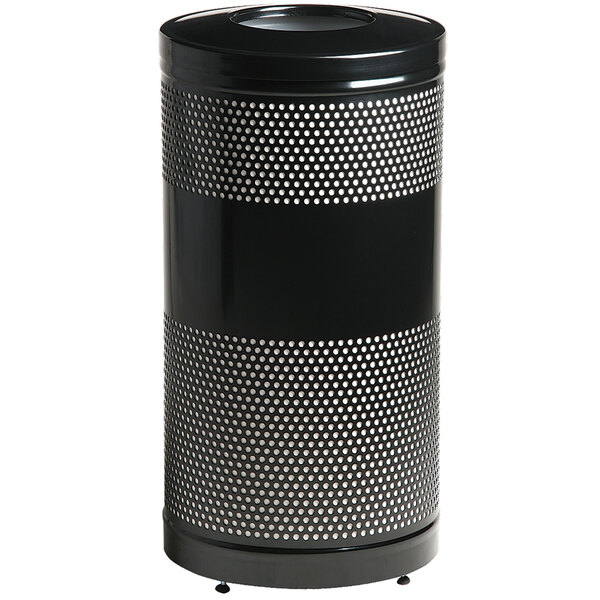 A black and silver Rubbermaid Classics trash can with holes on the top.