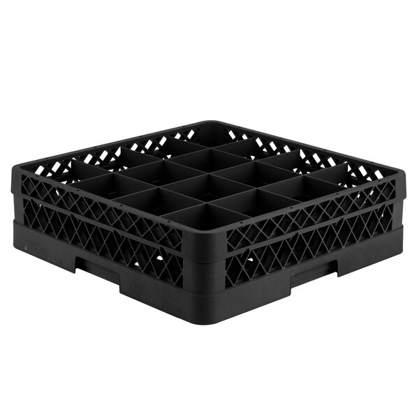 A black plastic Vollrath Traex glass rack with 16 compartments for 4 13/16" glasses.