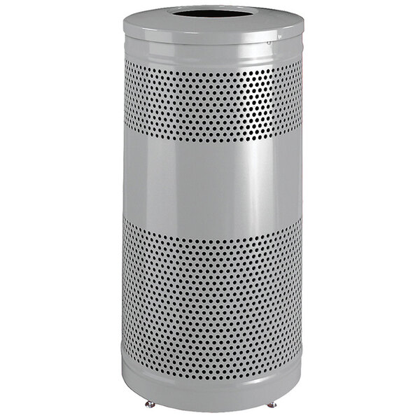A silver Rubbermaid Classics round trash can with holes in the top.