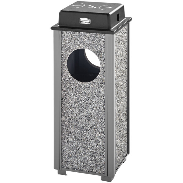 A grey rectangular Rubbermaid ash/trash receptacle with a round hole in the top.