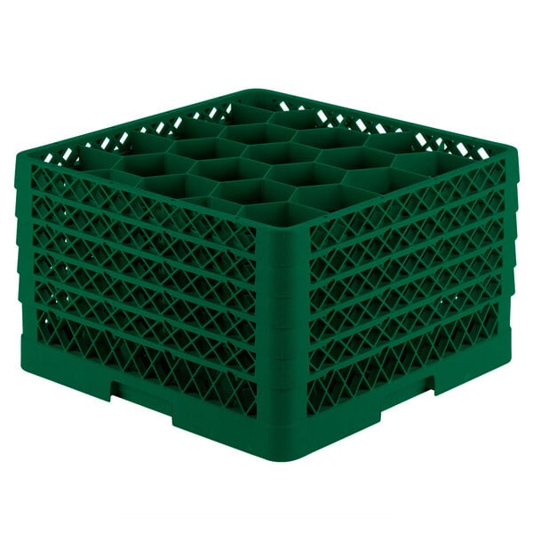 A Vollrath green plastic glass rack with 20 compartments and an open rack extender on top.