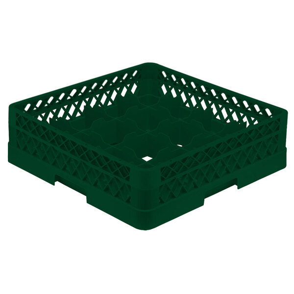 A green plastic Vollrath Traex glass rack with a lattice pattern.