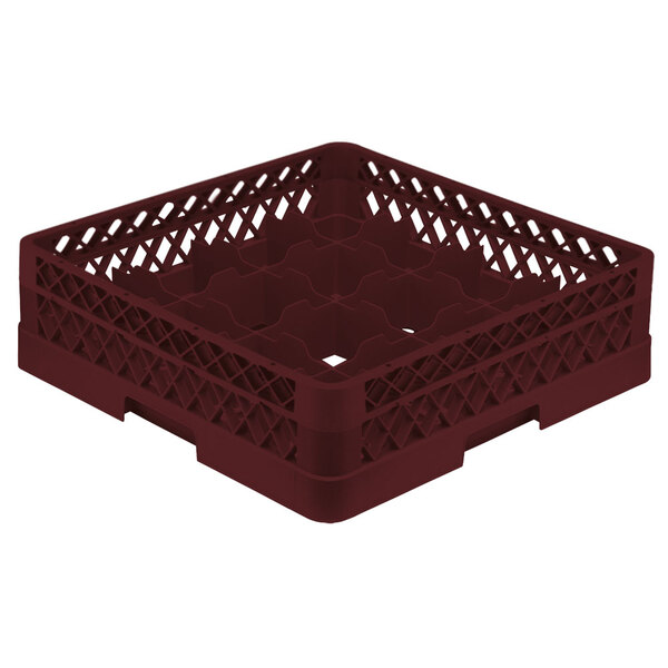 A burgundy plastic Vollrath glass rack with a lattice pattern.