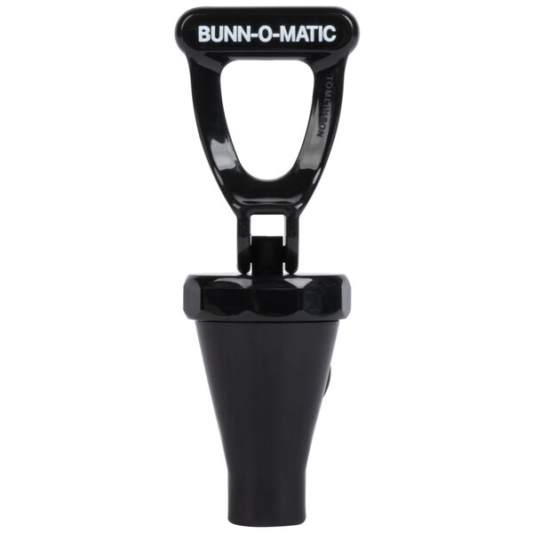 A Bunn black plastic faucet assembly with black handle and white text.
