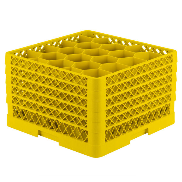 A yellow plastic Vollrath Traex rack with 20 compartments for glasses.