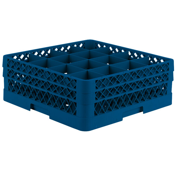 A Vollrath blue plastic glass rack with 16 compartments.