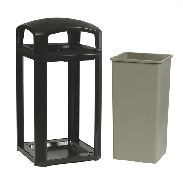A black Rubbermaid Landmark Series trash can with a black lid.