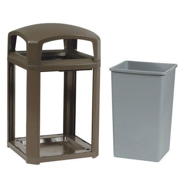 A gray Rubbermaid Landmark Series square plastic trash can with a brown lid on a rectangular frame.