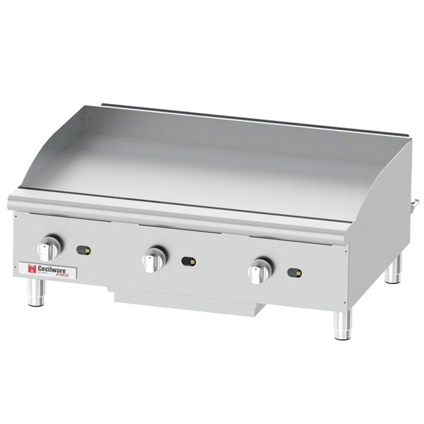 A Cecilware stainless steel countertop gas griddle with three burners.