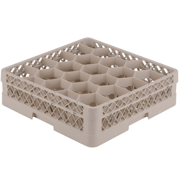 A beige plastic Vollrath Traex glass rack with 20 compartments and an open rack extender on top.