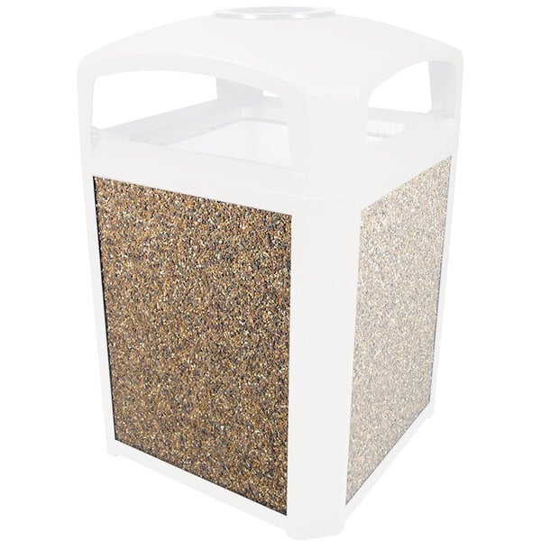 A white Rubbermaid Landmark Series Classic trash can with a brown river rock aggregate panel.