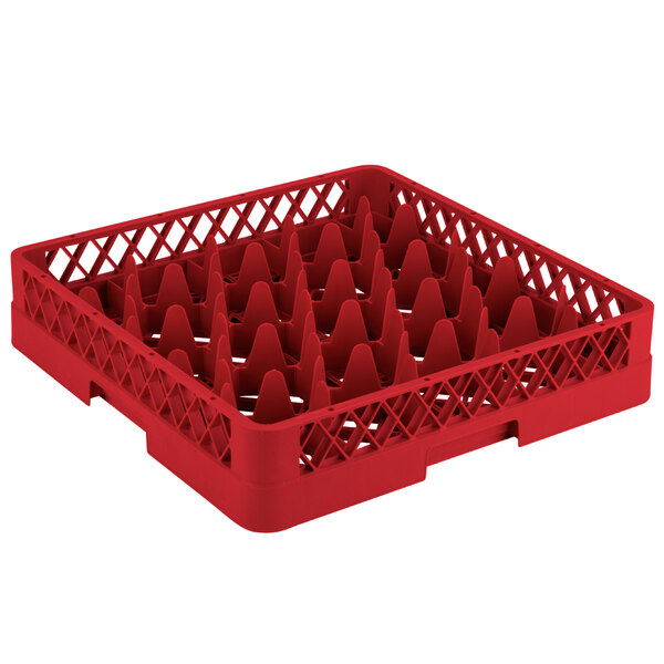 A red Vollrath Traex glass rack with 20 compartments.