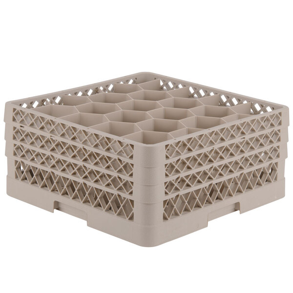 A beige plastic Vollrath Traex rack with 20 compartments for glasses.