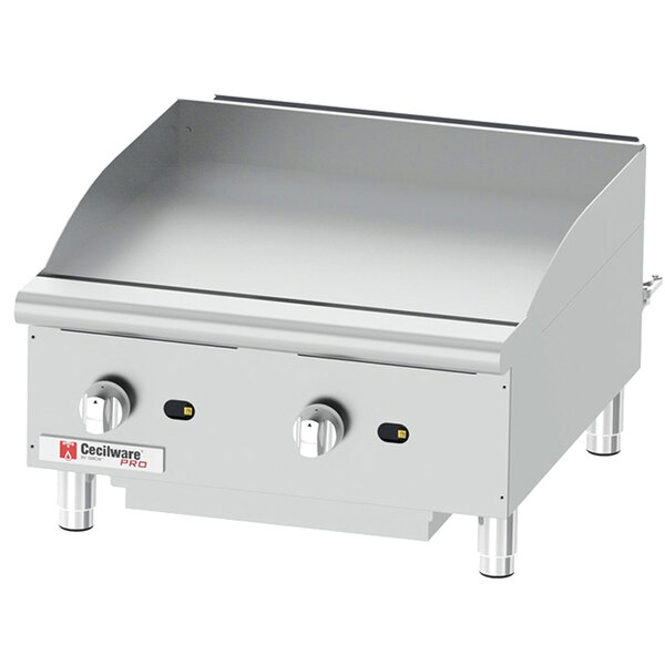 A Cecilware stainless steel countertop gas griddle with two burners and knobs.