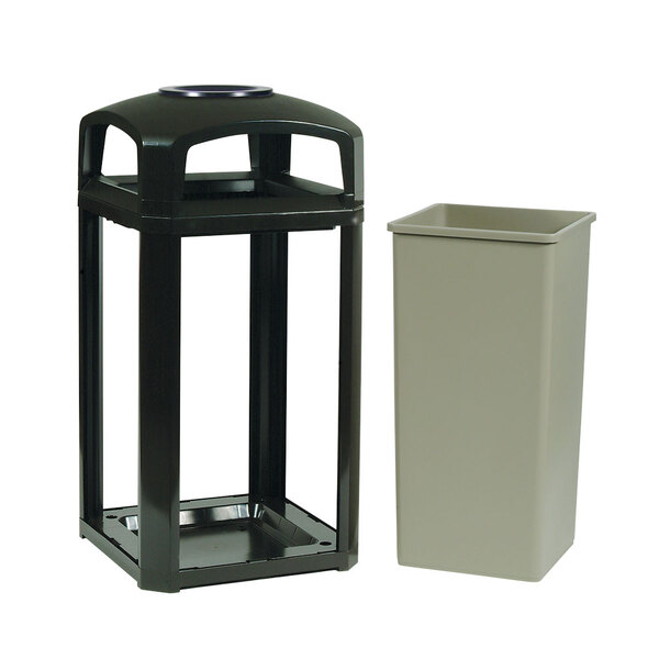 A black Rubbermaid Landmark Series square container with a black dome top and ashtray on a white background.
