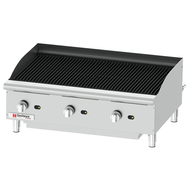 A Cecilware stainless steel gas charbroiler with three burners.