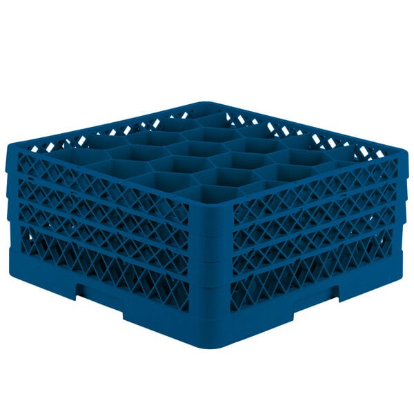 A blue Vollrath Traex glass rack with 20 compartments.