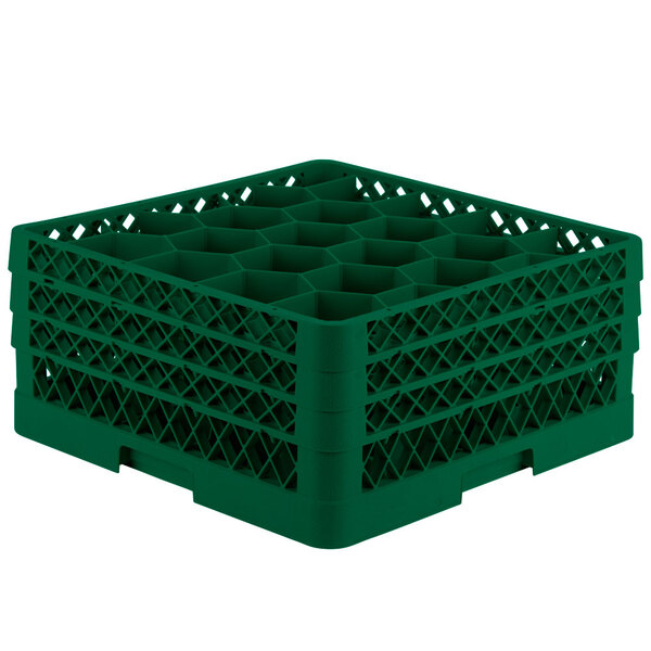 A Vollrath green plastic glass rack with 20 compartments.