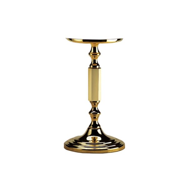 A polished brass candle holder with a round base.
