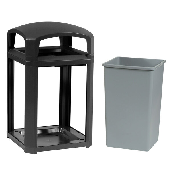 A black Rubbermaid Landmark Series trash can with a black square lid.