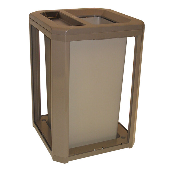 A brown square Rubbermaid ash and trash container with a lid.