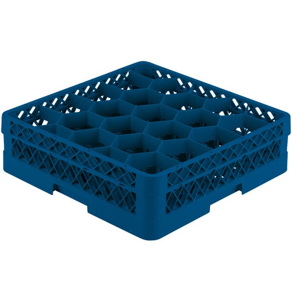 A Vollrath blue plastic glass rack with 20 compartments and an open rack extender on top.