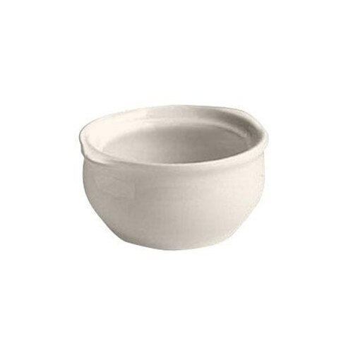 A white Hall China onion soup bowl with a handle.