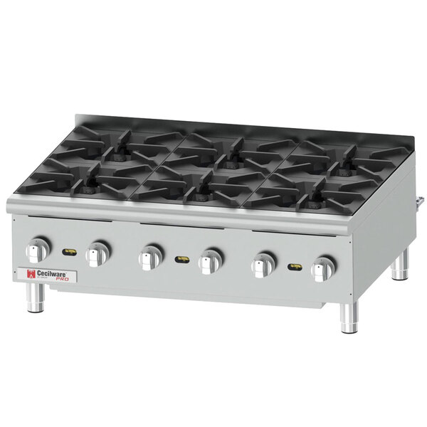 A Cecilware stainless steel countertop gas hot plate with six burners.