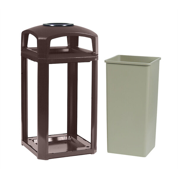 A brown Rubbermaid Landmark Series square container with a black ashtray lid.