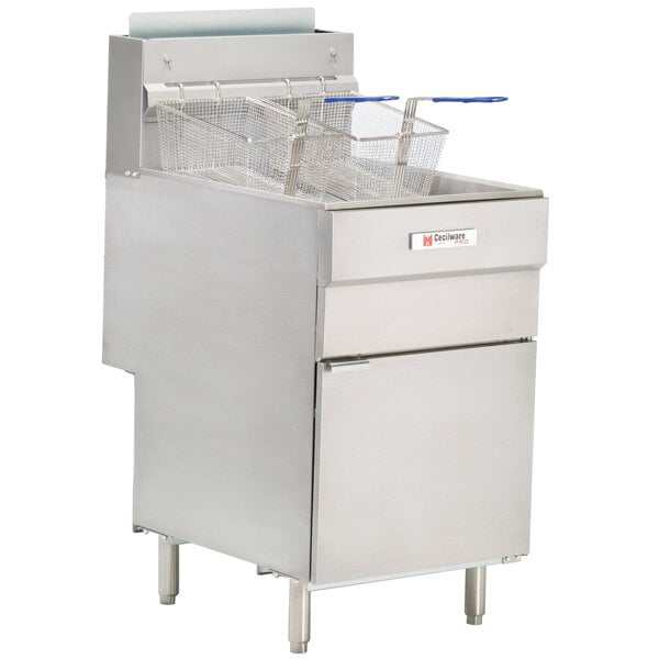 A Cecilware stainless steel natural gas floor fryer with five tubes and two baskets.