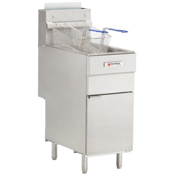 A Cecilware stainless steel liquid propane floor fryer with three tubes.