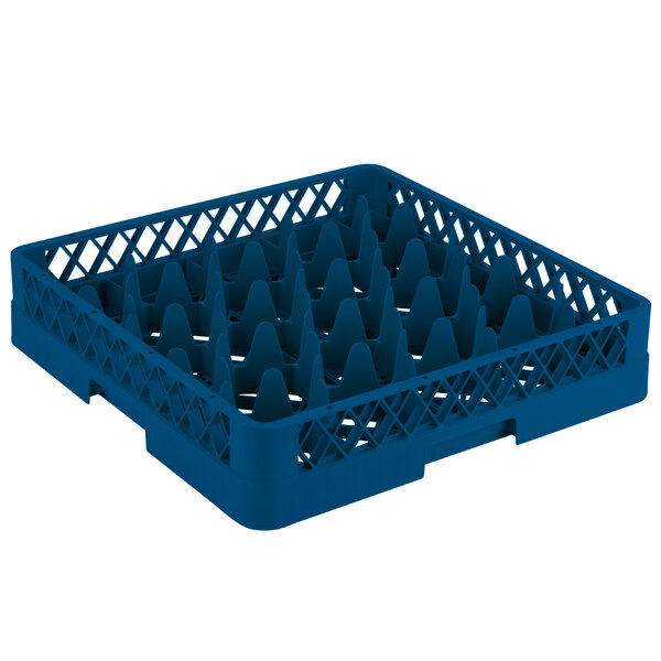 A blue plastic Vollrath Traex glass rack with 20 compartments.