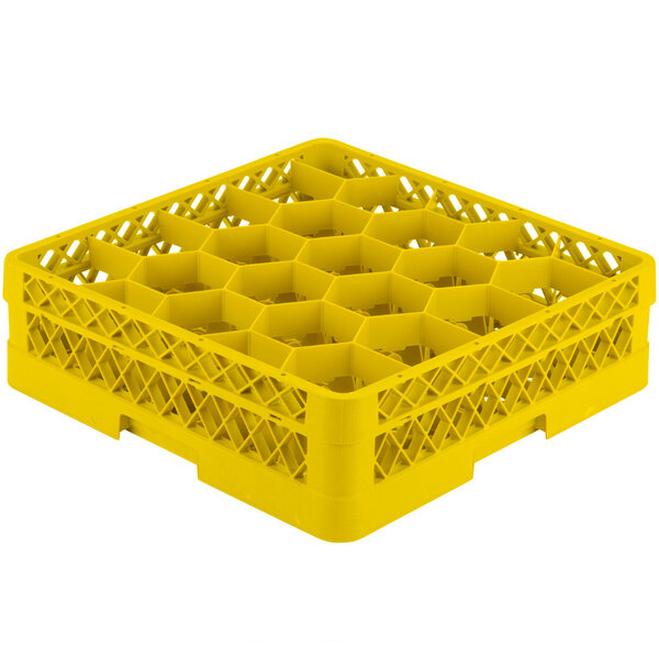 A yellow Vollrath Traex rack for 20 glasses with small compartments.