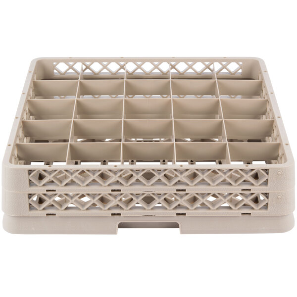 A beige plastic Vollrath Traex glass rack with 25 compartments and 2 extenders.