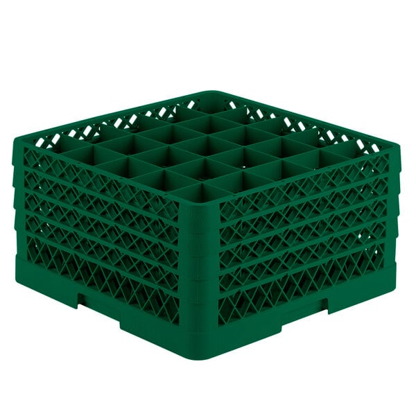 A green Vollrath Traex glass rack with 25 compartments.