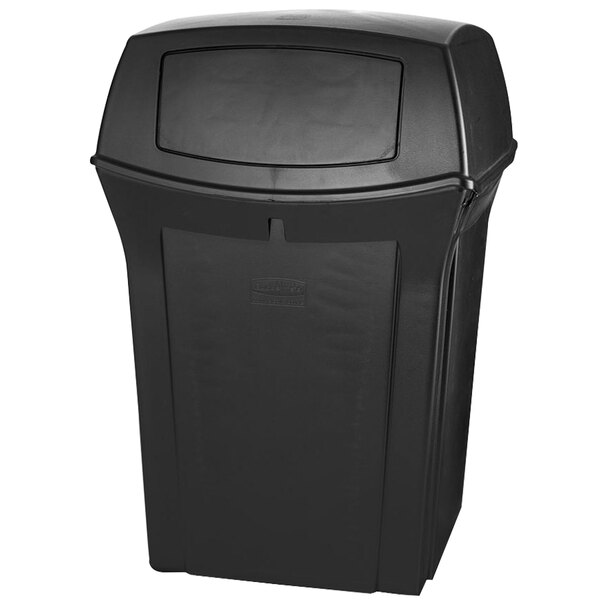 A black Rubbermaid Ranger outdoor trash container with 2 doors.