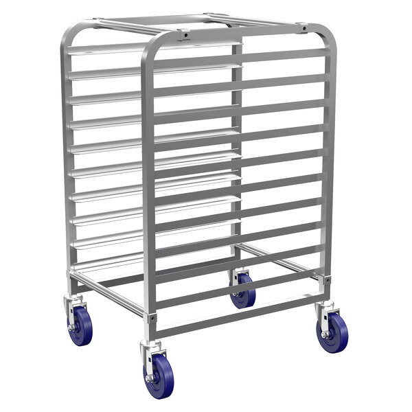 A Winholt unassembled metal half height sheet pan rack with blue wheels.