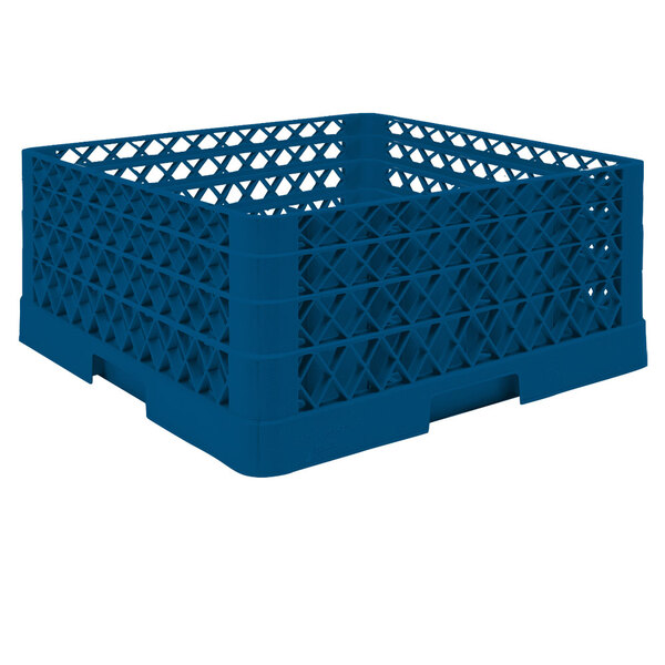 A blue Vollrath plastic glass rack with lattice pattern and 25 compartments.