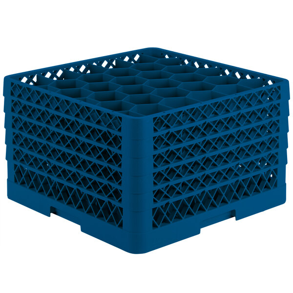 A blue plastic Vollrath Traex glass rack with 30 compartments and open extender on top.