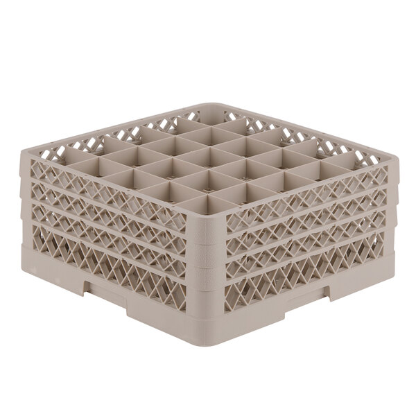 A beige plastic Vollrath Traex glass rack with 25 compartments.