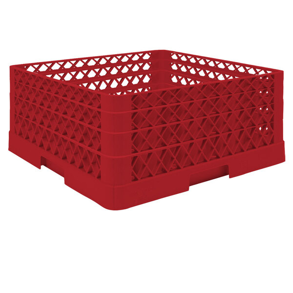 A red plastic Vollrath Traex glass rack with a lattice design.