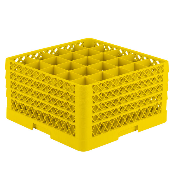 A yellow Vollrath Traex glass rack with 25 compartments.