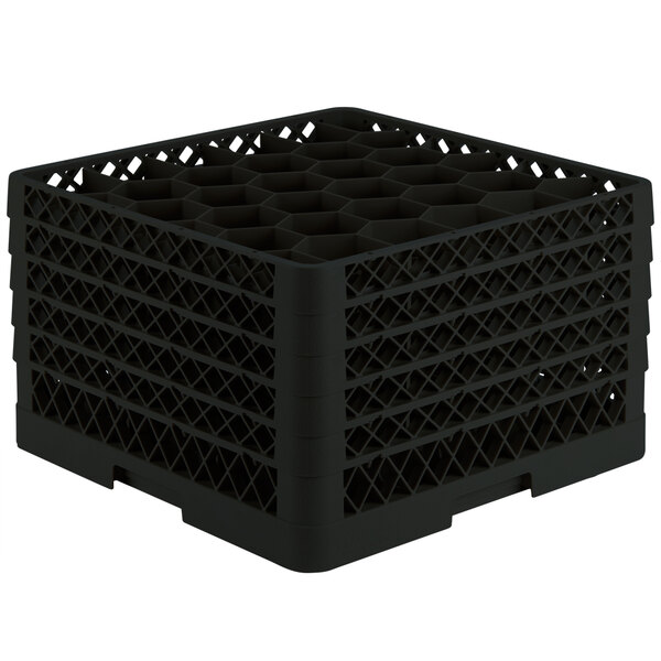 A black plastic Vollrath Traex glass rack with grids and an open rack extender on top.