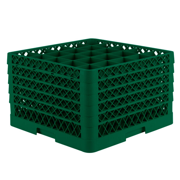 A green plastic Vollrath Traex glass rack with 25 compartments.