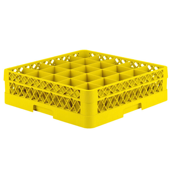 A yellow Vollrath Traex glass rack with 25 compartments.