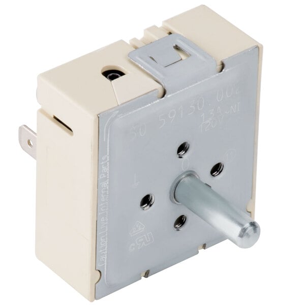 A white and silver metal switch with a metal pole.