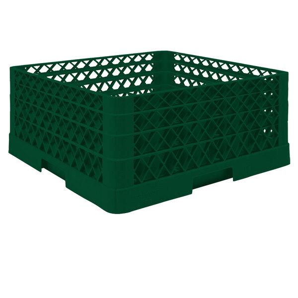 A green plastic Vollrath Traex glass rack with metal bars and holes.